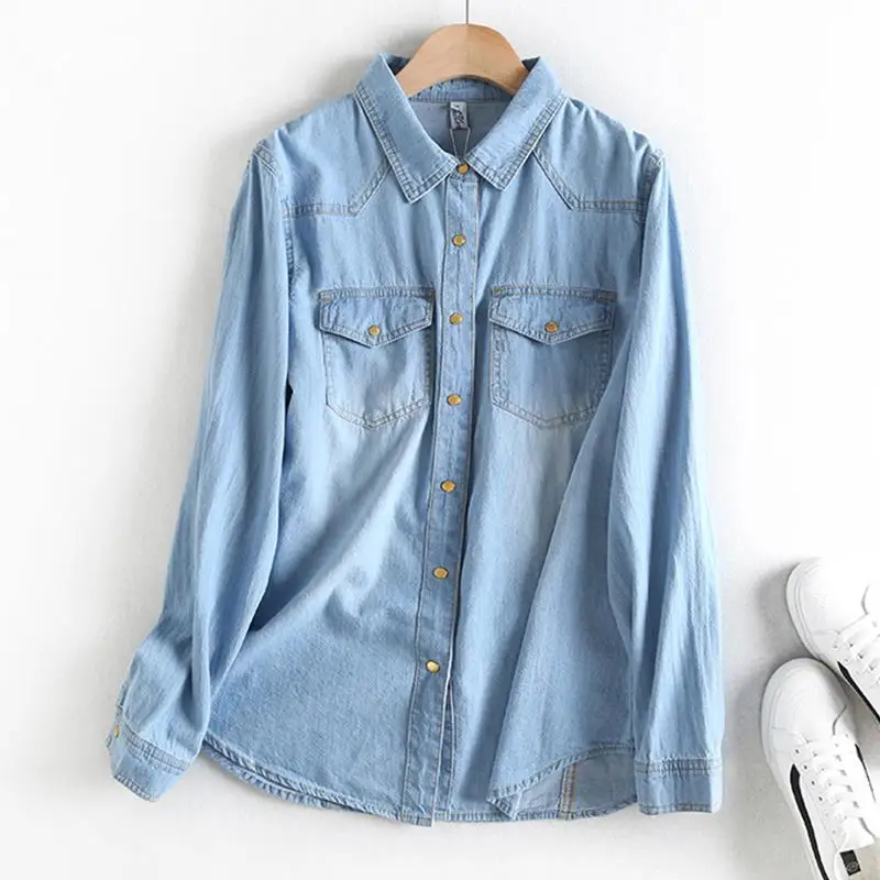 

Casual Denim Shirt Women's Long Sleeve Blazer Pockets Single Breasted Denim Jacket Tops for Women 2021 Spring Autumn New Fashion