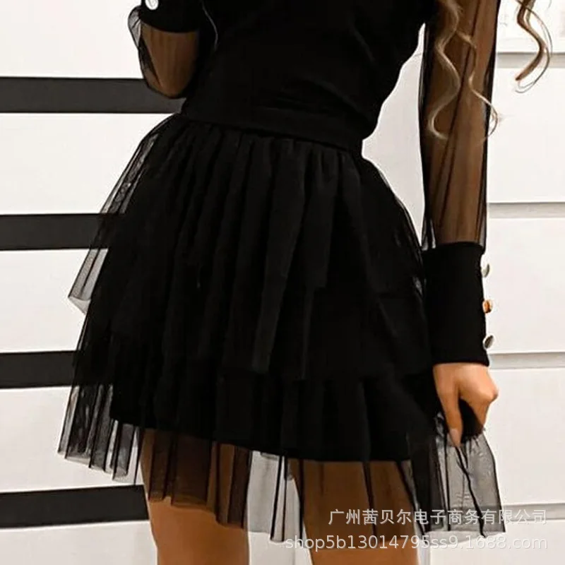 

WEPBEL Spring Autumn Fashion Sheer Long Sleeve Button O-Neck High Waist Stitching Dress Women's Sexy Mesh Stitching Dress