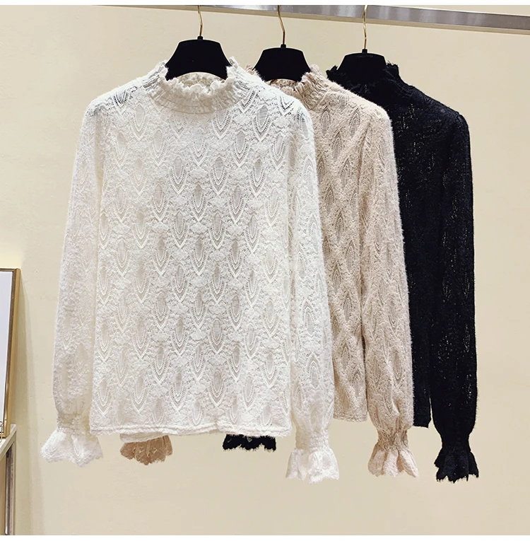 

Women's Blouse Lace Girl's Shirt New Korean Version Slim Fashion Casual Stretch Long Sleeve Top Lady Blusas Houthion