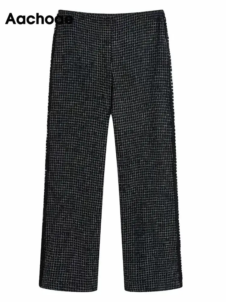 

Aachoae Women Plaid Printed Tweed Wide Leg Pants High Waist Zipper Fly Long Pants Female Chic Casual Long Trousers Pantalon