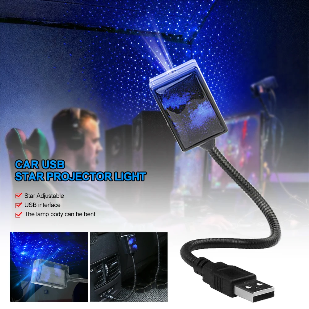 

Car Interior Roof LED Atmosphere Starry Sky Lamp Ambient Star Night Lights Blue USB Car Projection Lamp
