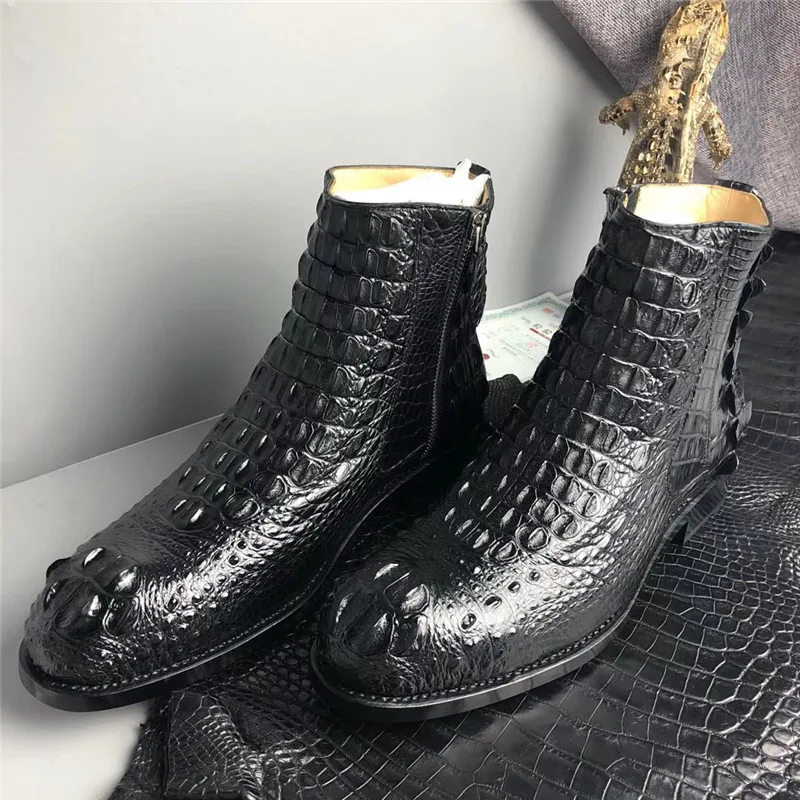 Мужские Черные ботильоны ручной работы из натуральной крокодиловой кожи; Goodyear; Мужская зимняя обувь на молнии из натуральной кожи аллигатора