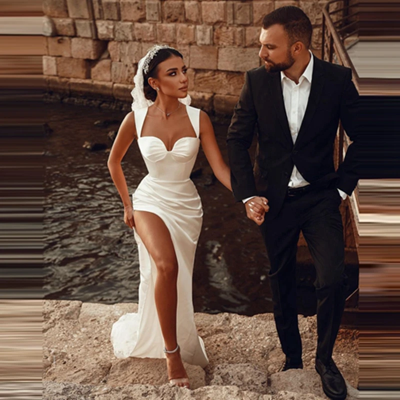 

Simple Sweetheart Satin Mermaid Wedding Dresses Pretty Sleeveless High Split Bridal Gowns Custom Made Wedding Gowns Robe de mari