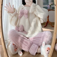 pajamas female autumn and winter plush thickened new sweet princess bow can wear plush home suit pijamas for women