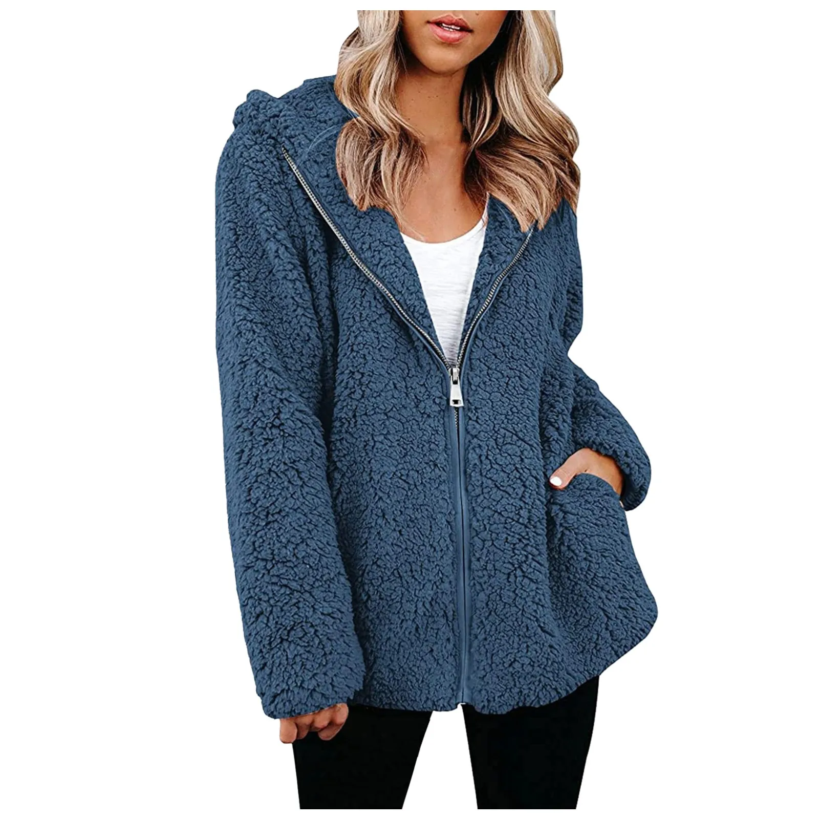 

Womens Fleece Sherpa Jacket Long Sleeve Lapel Zip Up Outwear Faux Shearling Shaggy Oversized Coat With Pockets Warm Winter