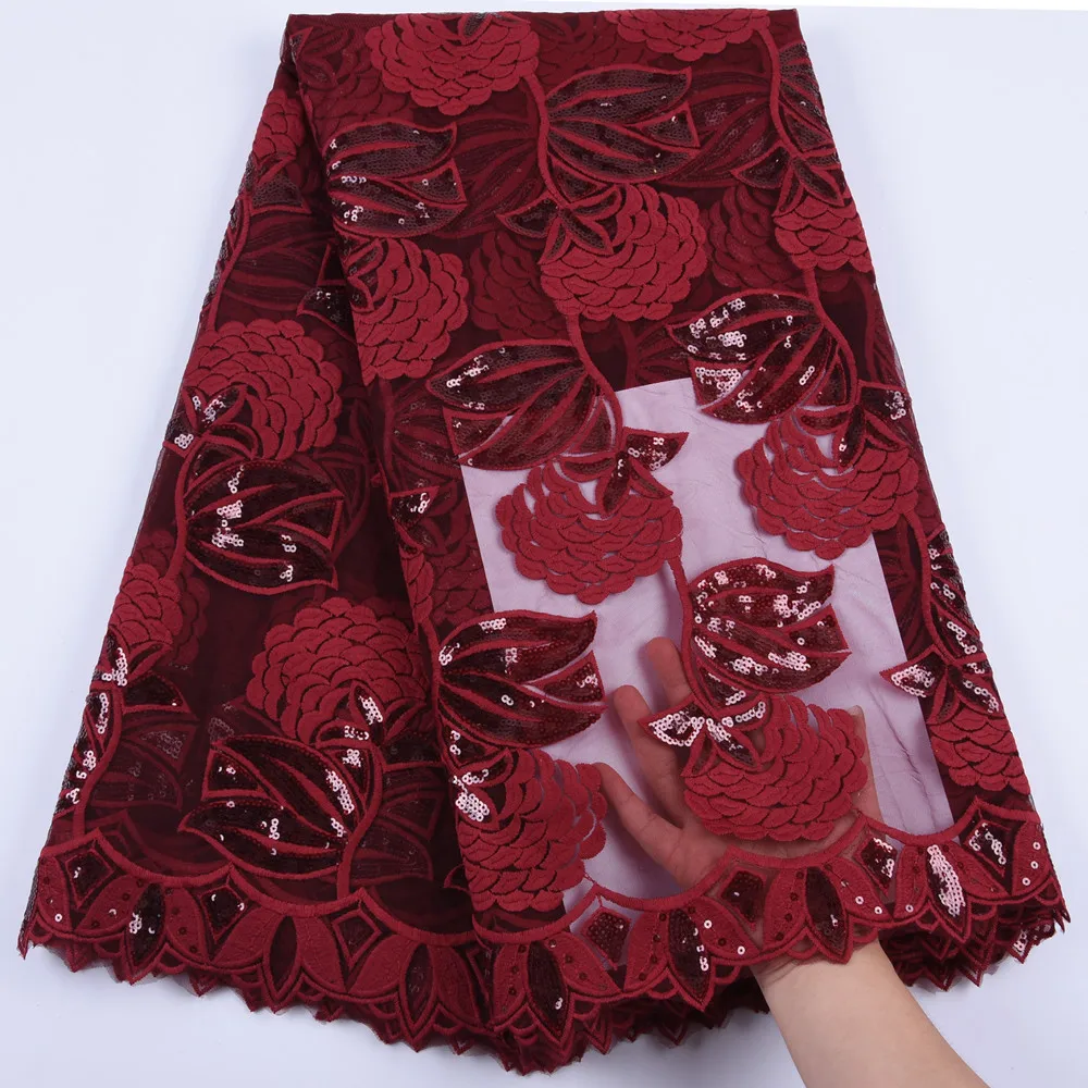 Новинка красное вино африканская кружевная ткань с вышивкой тюль блестками 5