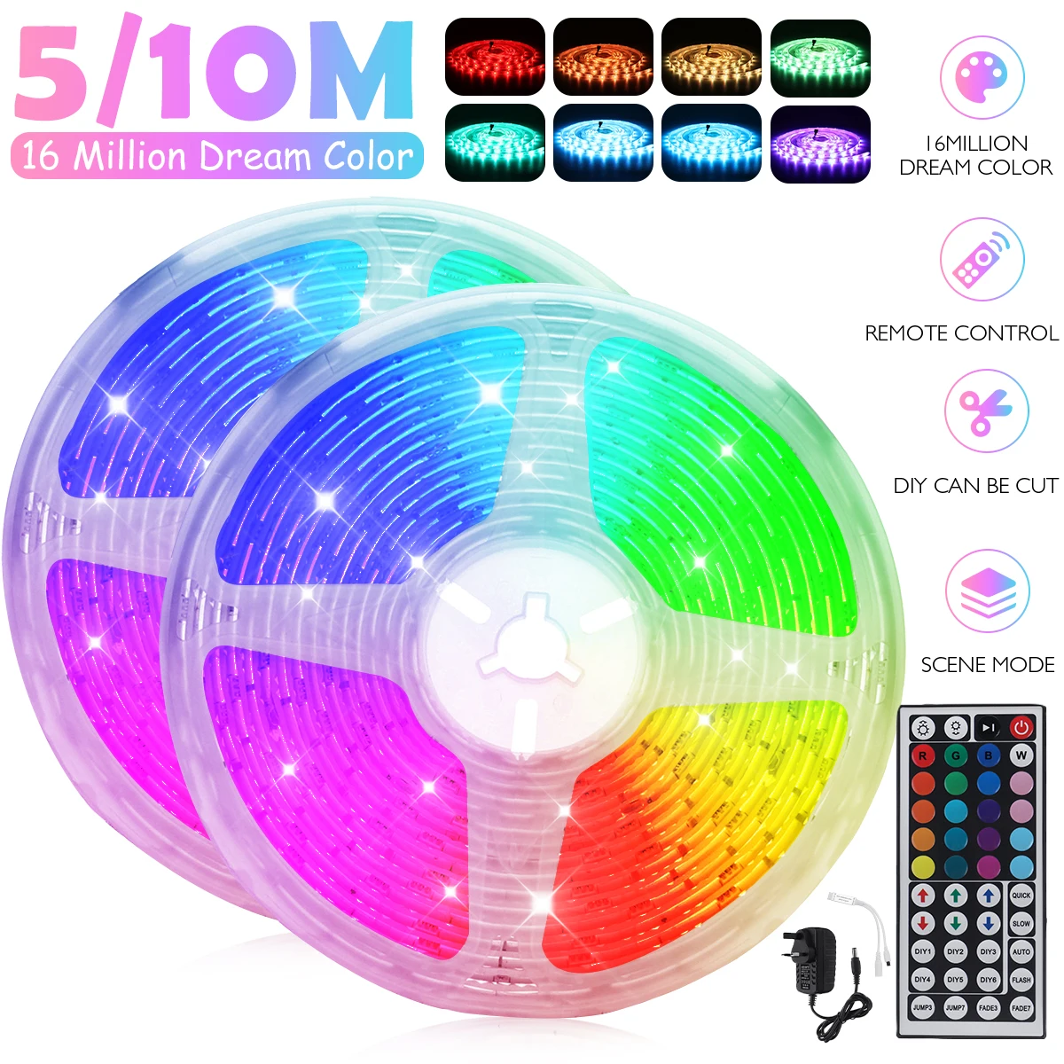 

12V LED Light Strip 5M/10M 16.4ft/32.8ft 5050 RGB 16 Milions Colors Flexible Changing LED Rope Lights with Remote +UK Adapter