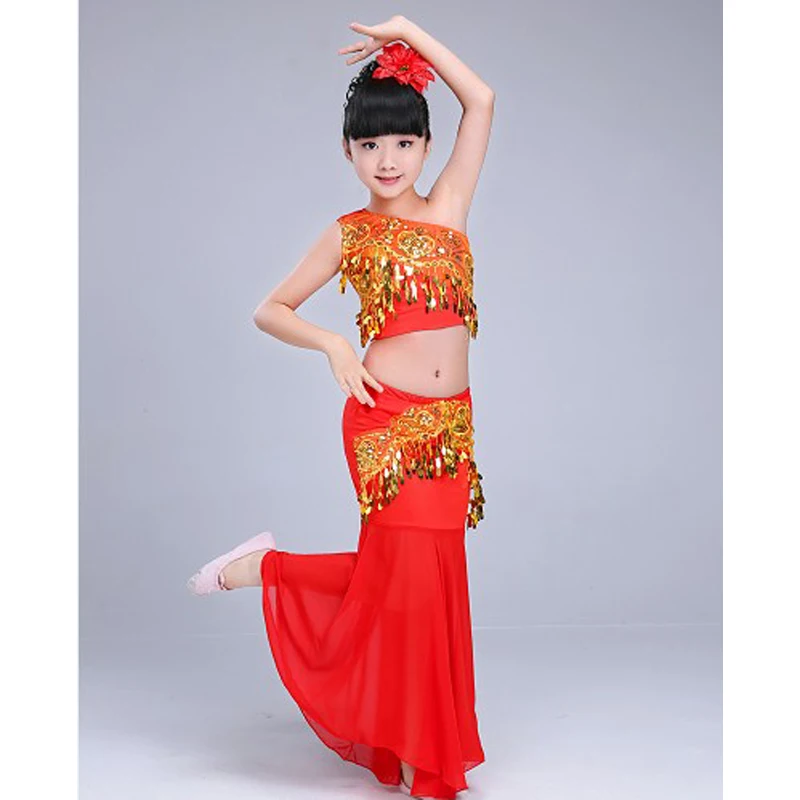 Red set Детские костюмы для танца живота для девочек, 3 шт., женский жилет с открытыми плечами, юбка в виде рыбьего хвоста, дизайн с блестками, детская одежда для костюмированной вечеринки - Цвет: Red set