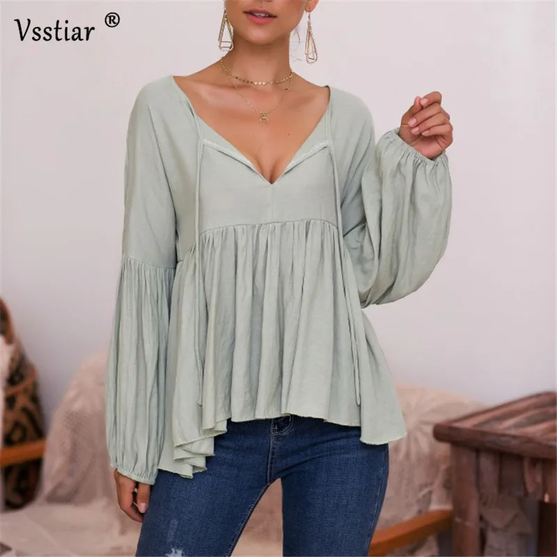 

Long Lantern Sleeve Blouse Women's Casual Plus Size Office Ladies Shirts Street Fashion Sexy V Neck Loose Female Blouses Winter