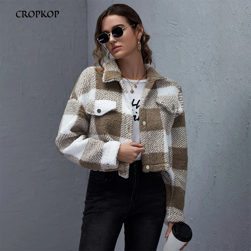 

Женская короткий плюшевая куртка в клетку, vintage модные теплая пальто на пуговицах, повседневные свободное уличная одежда, черная куртки, осе...