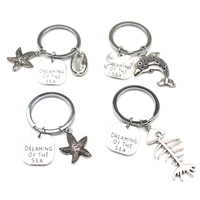 new retro sea dream starfish keychain dark blue fish scale pendant keyring for women jewelry handicraft design souvenir gift