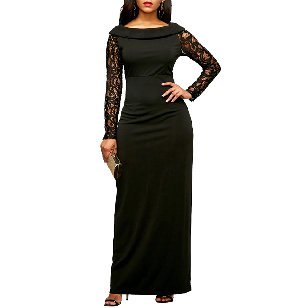 

Black Lace Patchwork Dress Women 2021 Spring Casual Long Sleeve High Waist Long Party Dress Vintage Sexy Back Slit Maxi Dresses