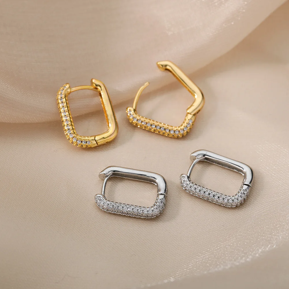 

Fashion Geometric Square White Cubic Zirconia Hoop Earrings Gold Metal Small Crystal Ear Buckle Earrings Jewelry for Women