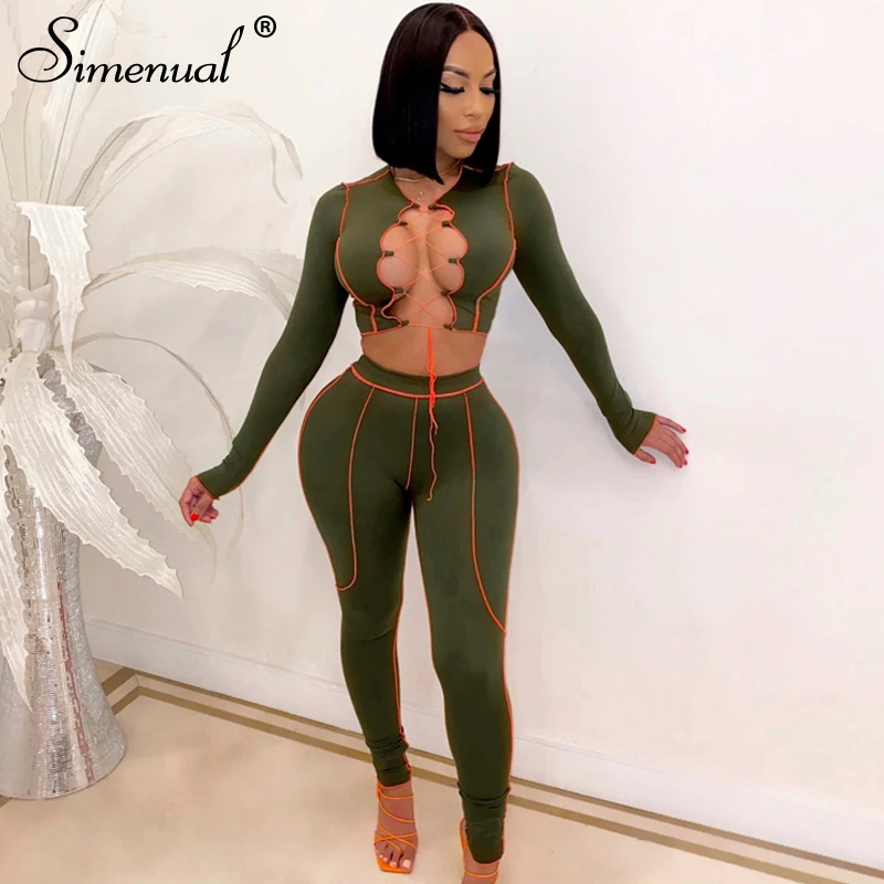 

Simenual Lace Up Top And Pants Two Piece Outfits For Women Patchwork Fashion Bodycon Long Sleeve Matching Sets Winter 2021 Slim