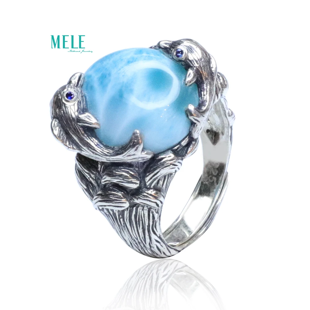 Натуральное высокое качество Larimar sea stone waves милое кольцо с дельфинами драгоценным