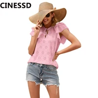 cinessd 2021 summer solid blouses white round neck hook flowers hollow tie ruffles short sleeve women casual tops yellow blouses