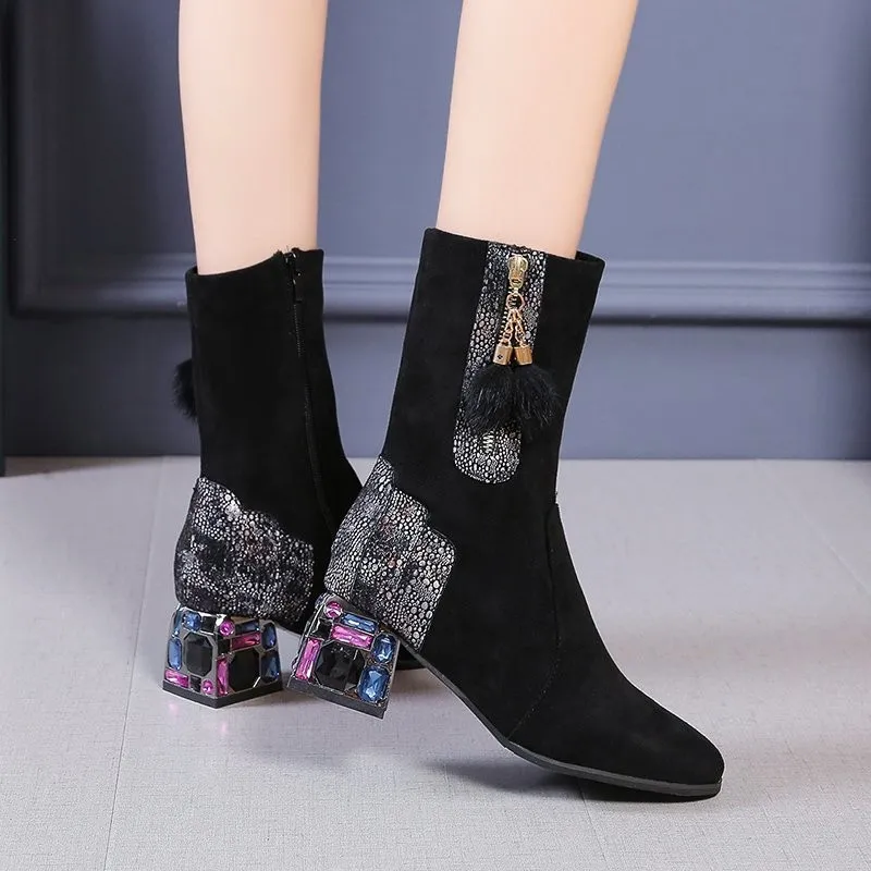 

Fashion Crystal Spliced Elastic Socks Boots Women 2021 New Fur Ball Zipper Square Heels Mid Calf Boots Woman Autumn Shoes