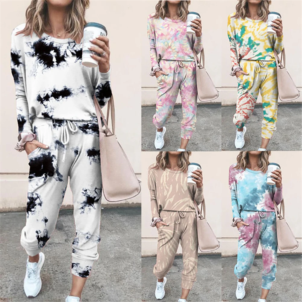 

2Pcs Women Tie Dye Jogger Suit Long Sleeve Round Neck Pants Sleepwear Loungewear