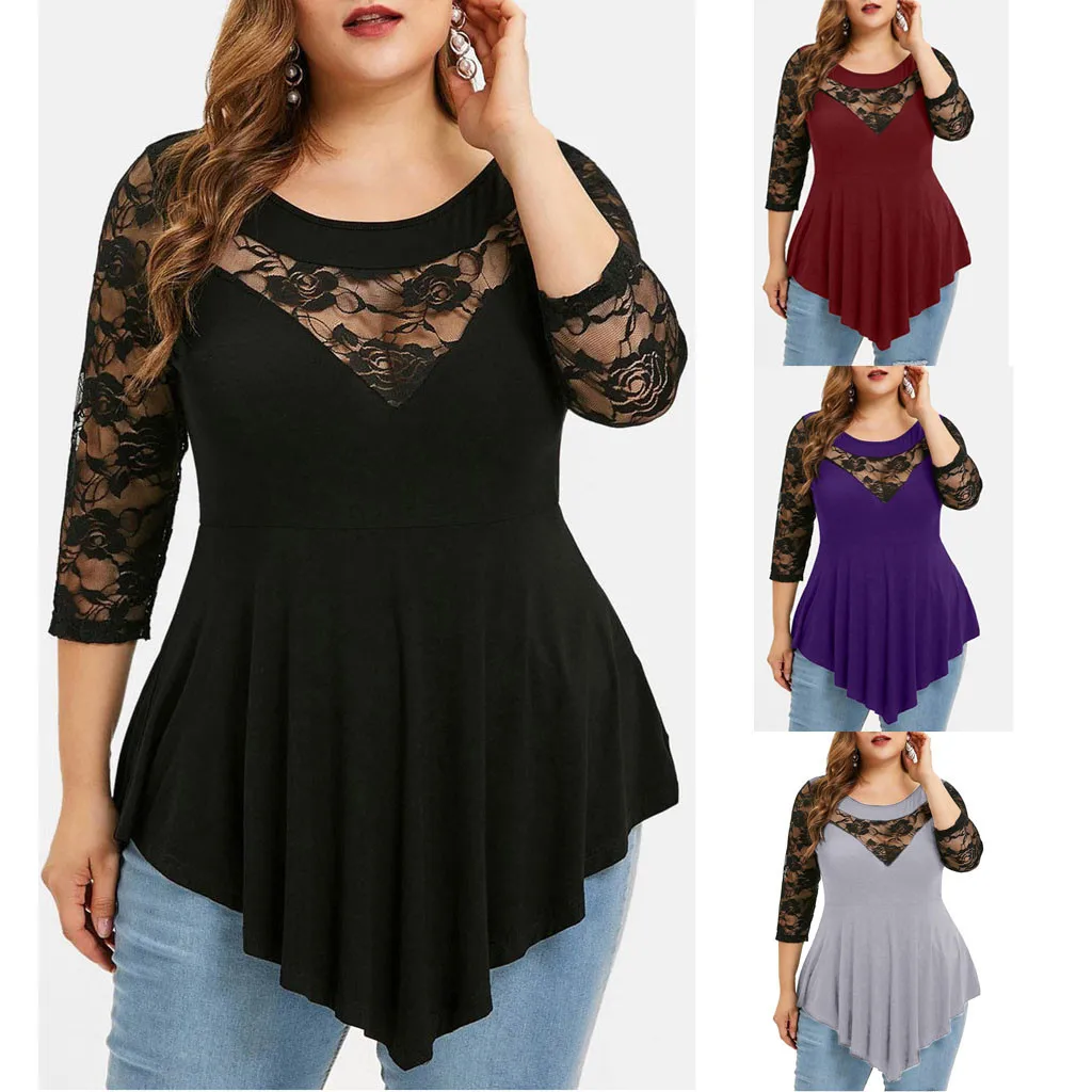 

Fashion Sexy Tops Women 2021 Plus Size Ladies Solid Floral Lace O-Neck Asymmetric Three Quarter Tops Blouse Femme