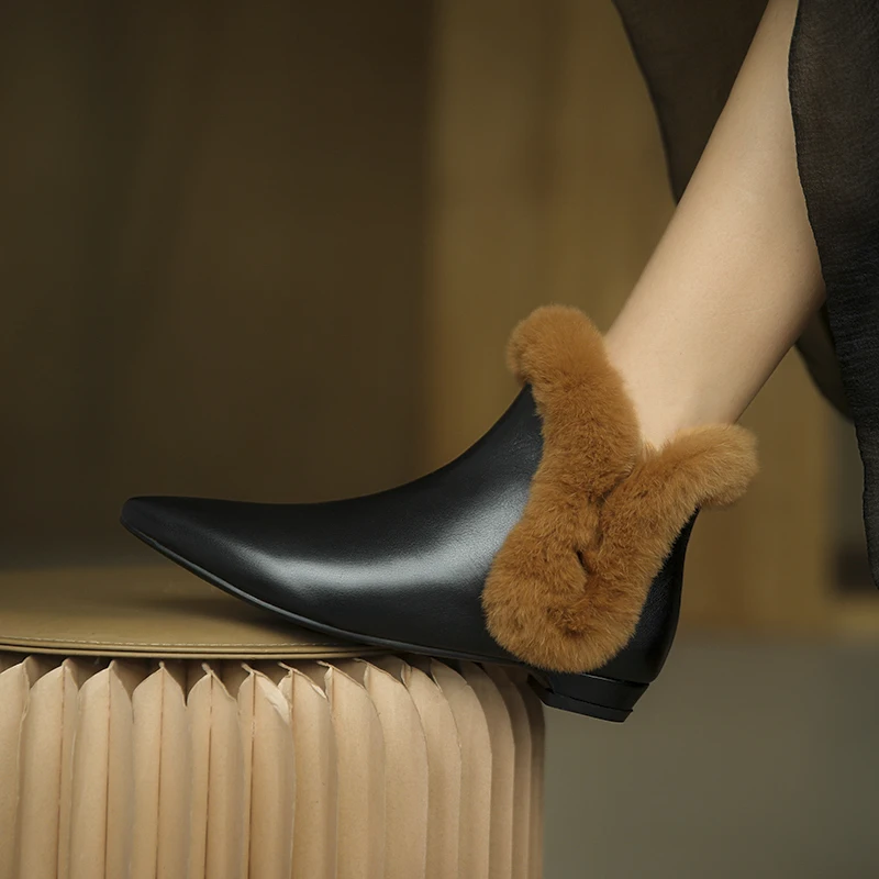 

Autuspin Winter Women Genuine Leather Ankle Boots Short Chelsea Booties Rabbit Fur Decoration Fashion Party Wedding Shoes Woman