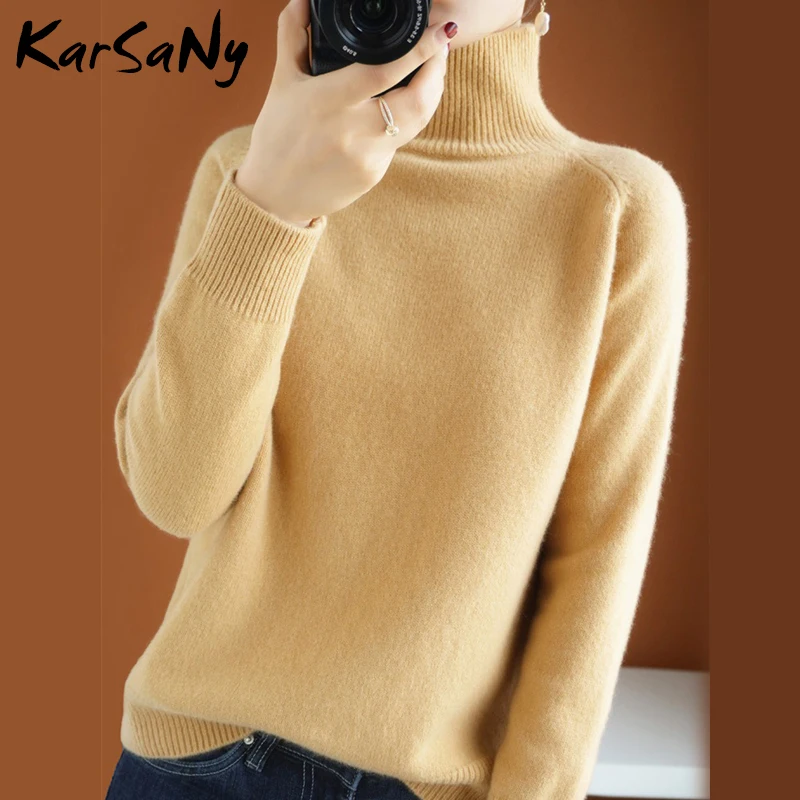 Свитер женский осенне-зимний вязаный желтый теплый с высоким воротом 2020 | Женская