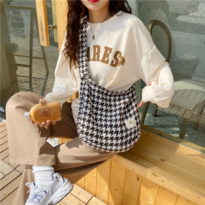 

New Houndstooth Wool-like Cloth Bag Women Art Design Soft Shoulder Bag For Women 2020 Big Bag Open Crossbody Bags Women Bolsas