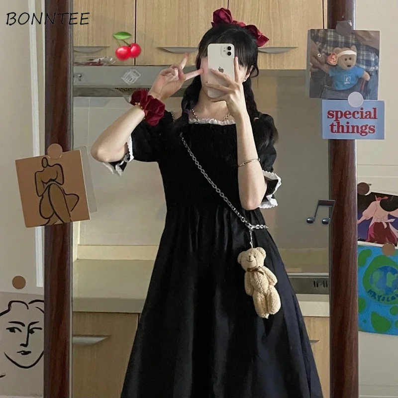 Платье женское черное с пышными рукавами простой Повседневный Сарафан во