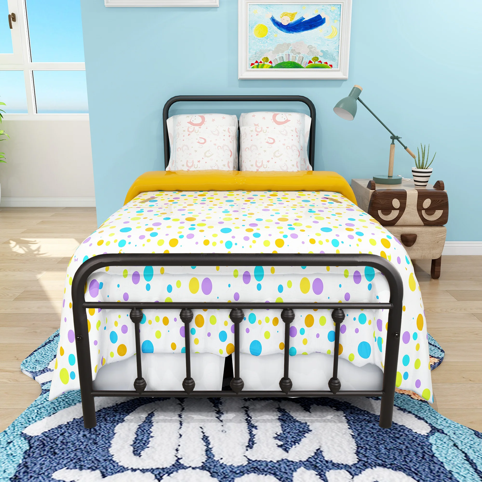 

Twin Platform Metal Bed Frame Victorian Vintage Style Headboard Footboard Heavy Duty Steel Slabs Black Silver[US-Stock]