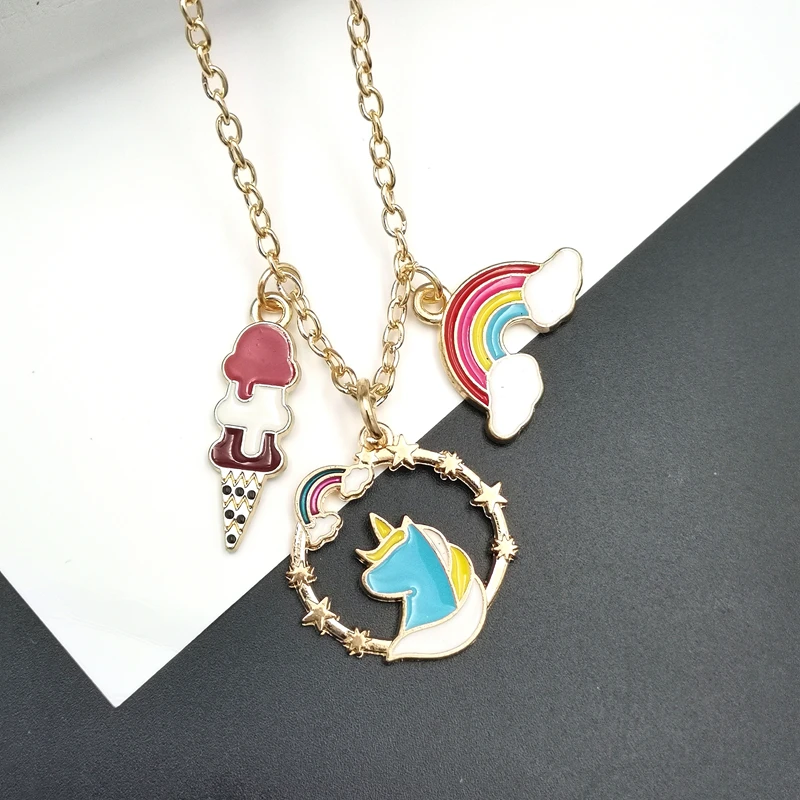 

Rainbow Simple Korean Cartoon Wild Creative Unicorn Ice Cream Ice Cream KC Necklace Charm Women Necklace Jewelry Pendant