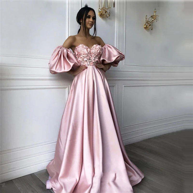 

gy Long Appliques Lace Stain Gowns Formal Prom Dress Robe De Soiree Occasion Party Gown Elegant Pink Evening Dresses