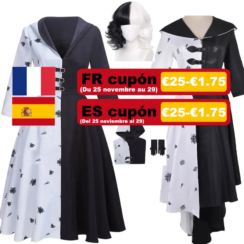 Cruella De Vil 2021 Neue Halloween Party Cosplay Kostüm Frauen Kleid Schwarz Weiß Maid Kleid mit Handschuhe Hoodie Rock Perücken outfits