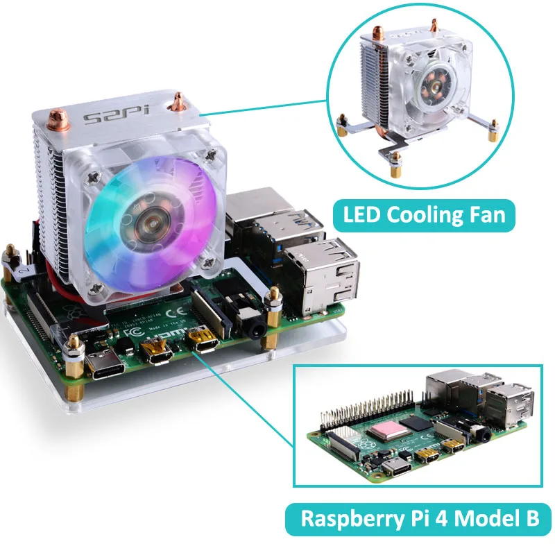 

Raspberry Pi 4 Model B Pi 4/ Raspberry Pi 3B+ with Heat Sinks 52Pi ICE-Tower LED Cooling Fan 40x40x10 Heat Dissipation LED Light