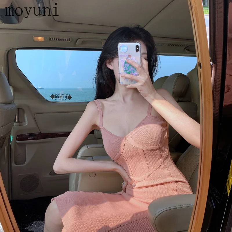 

Sheath V-neck Mid-Length Knitted Dress for Women Spring Summer 2021new Waist Trimming Slimming Skirt Women's Clothing Elegant