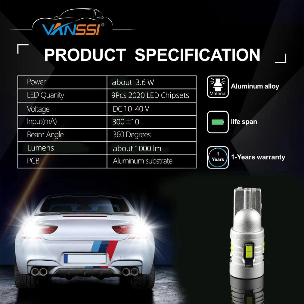 

Super Bright 1000lm 6000k White T10 W5W 194 LED LED Bulbs High Power CSP Chipsets For Parking Trunk License Plate Light