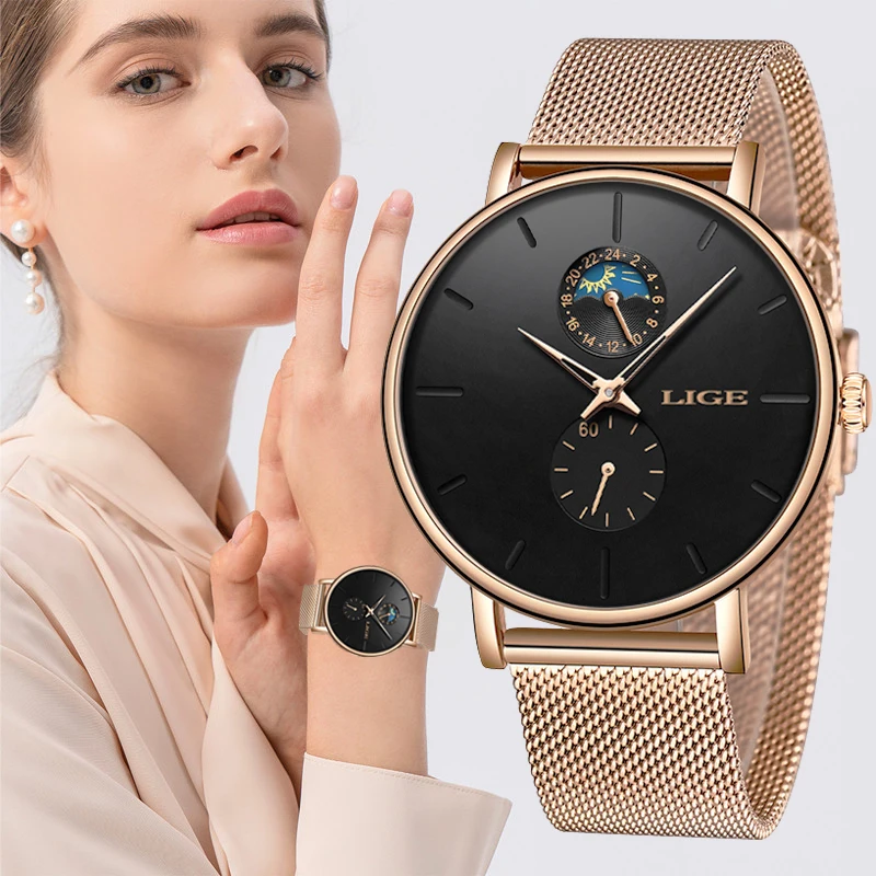 LIGE Womens Watches Top Brand Luxury Waterproof Watch Fashion Ladies Stainless Steel Ultra-Thin Casual Wrist Watch Quartz Clock top luxury brand quartz watch men s rose gold japan stainless steel mesh band wrist watch ultra thin clock male new wooden face