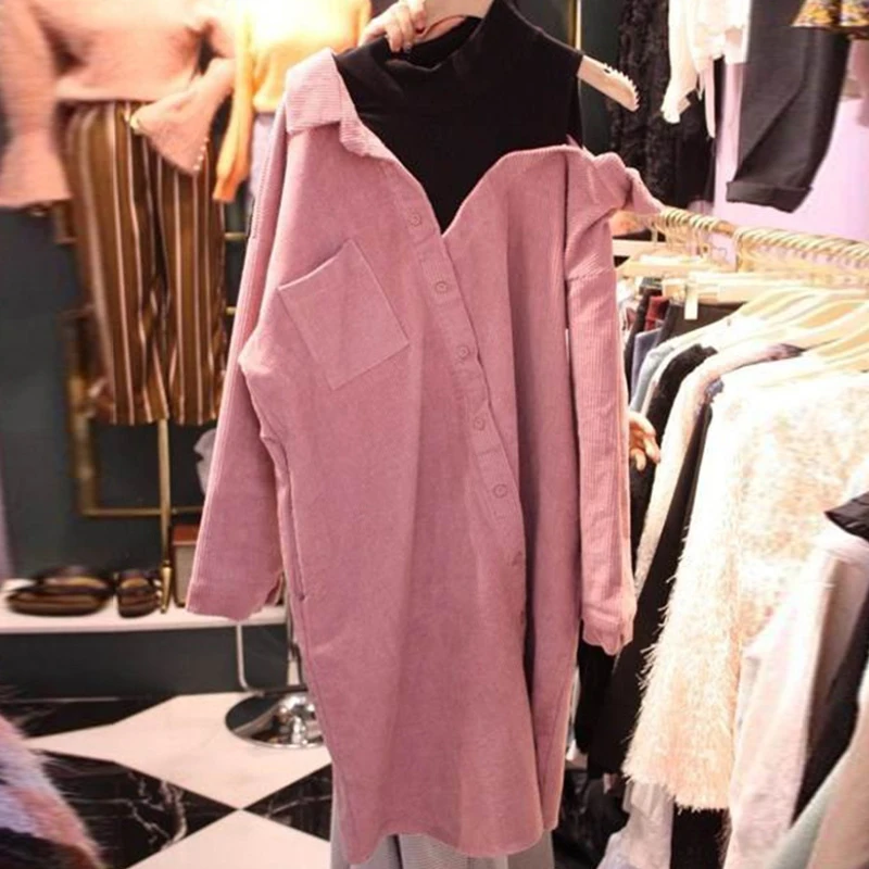 Женское вельветовое платье-рубашка без бретелек KYMAKUTU розовое Повседневное