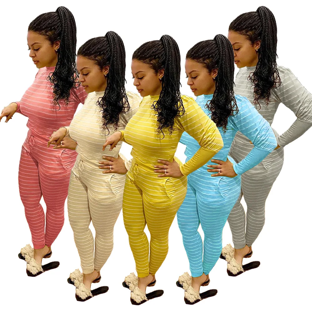 

fall 2020 women leisure home two piece outfits set classic striped long sleeve top and fashion printed pants