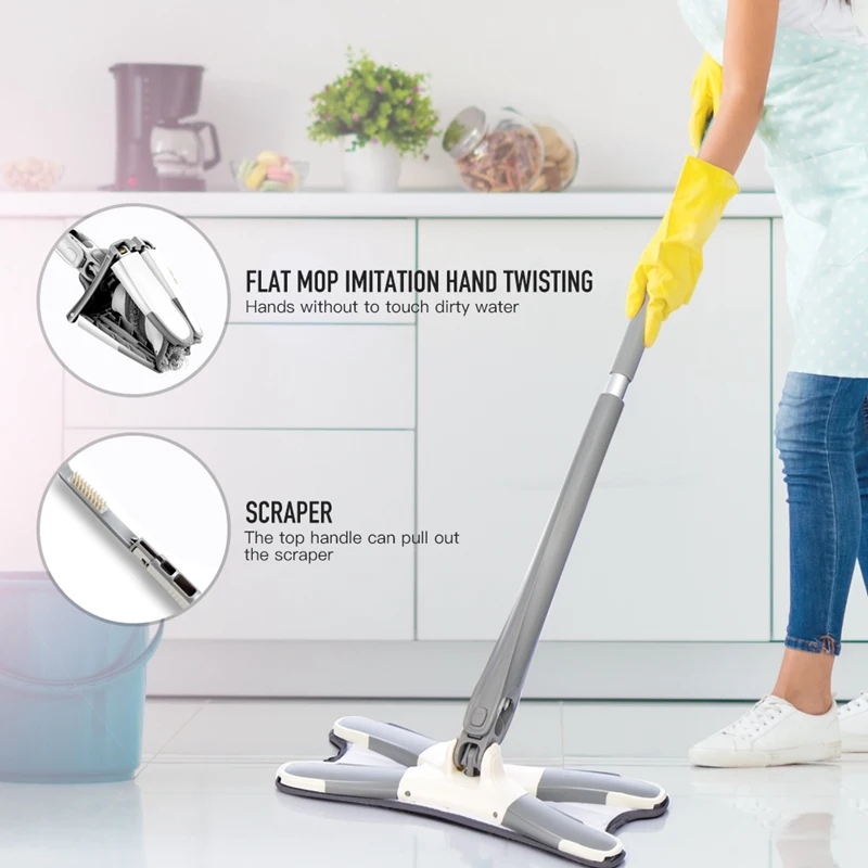 

Manual Extrusion Floor Mops with 3 Mop Cloths X-Type Flat 360 Degree Squeeze Mop Hand-Free Wash Household Cleaning Tool
