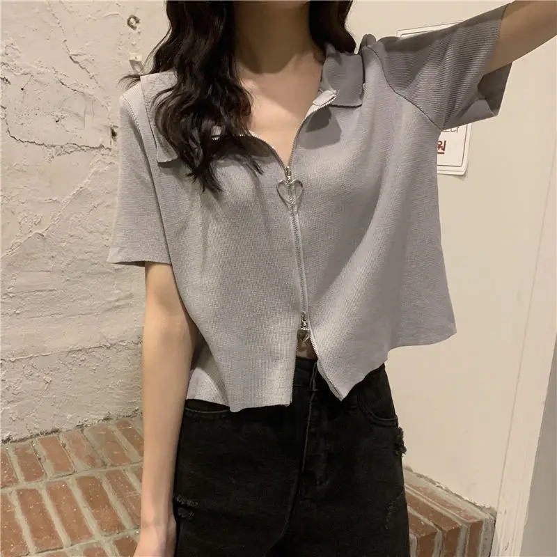 

Summer T-shirt women's 2021 new slim and versatile short cardigan double zipper design Short Sleeve Top
