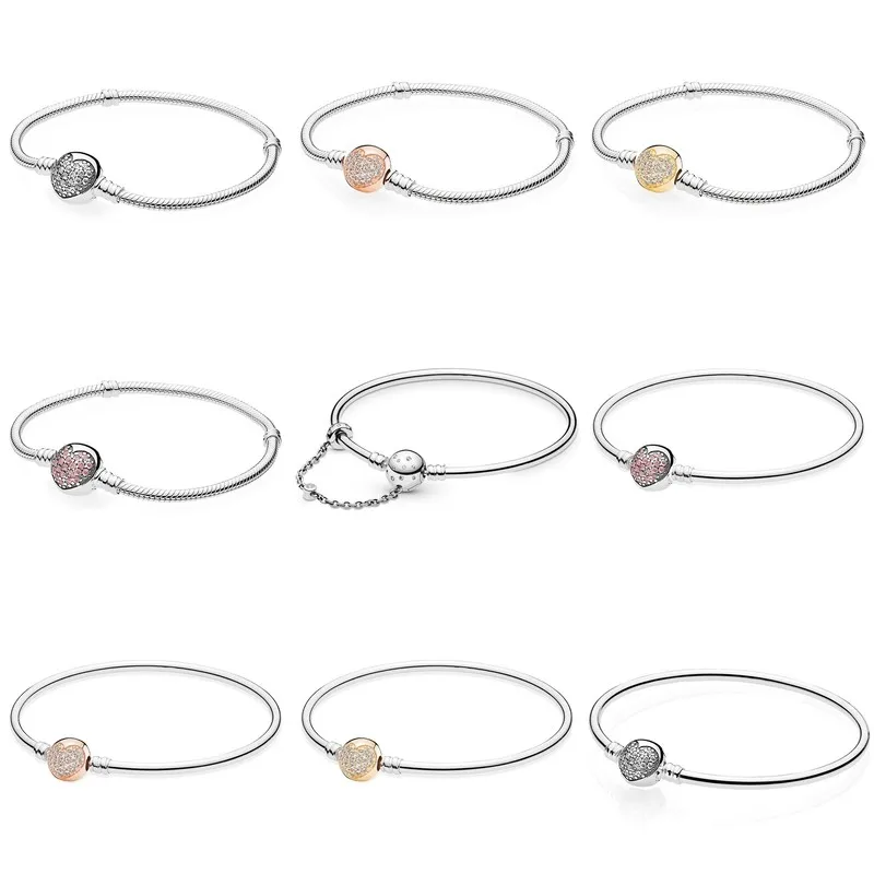 

Authentic 925 Sterling Silver Pave Heart With Crystal Circular Clasp Bangle Bracelet Fit Women Bead Charm Diy Fashion Jewelry