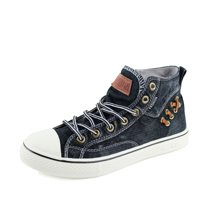 

New Popular Young Casual Footwear Men Black Blue Denim Shoes Mens Rubber Flat Men Vulcanized Shoes Fashion Man High Top Sneakers