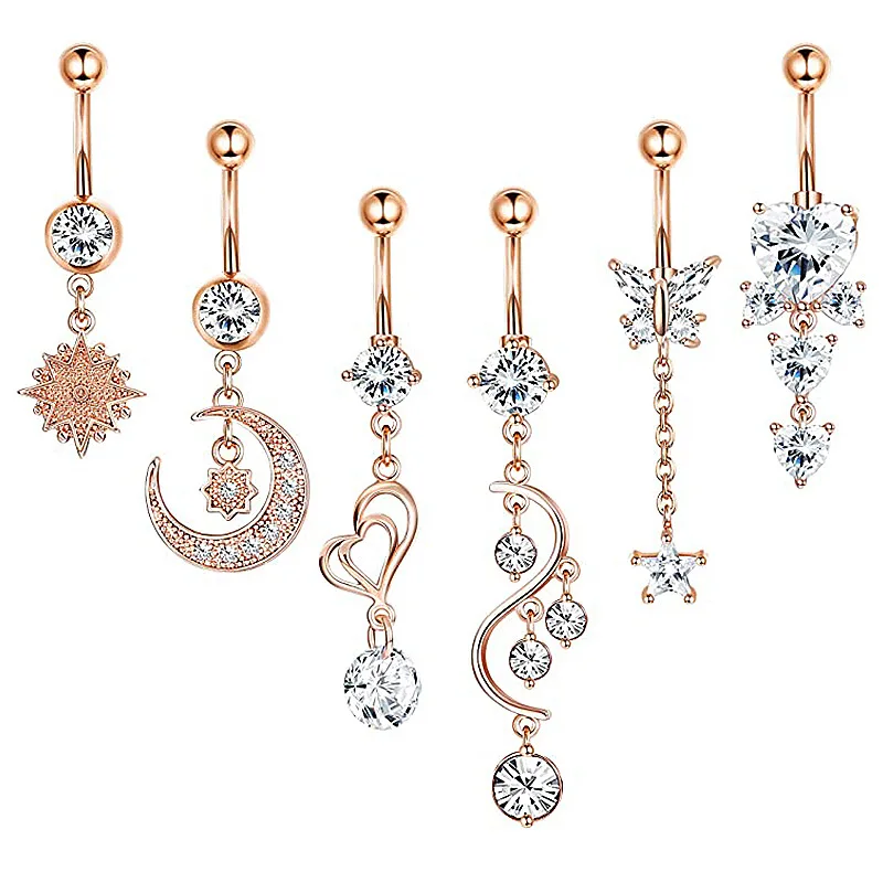 

New copper 6-piece set, stainless steel zircon string belly button ring, good quality combination set of umbilical nails