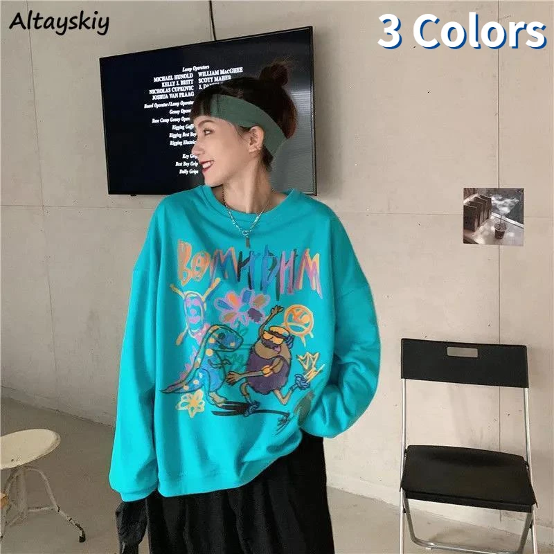 

Sweatshirts Women Lake-blue Kawaii Oversize Printing O-neck Casual Trendy Chic Couples Pullover Long Sleeve Korean Style Teens