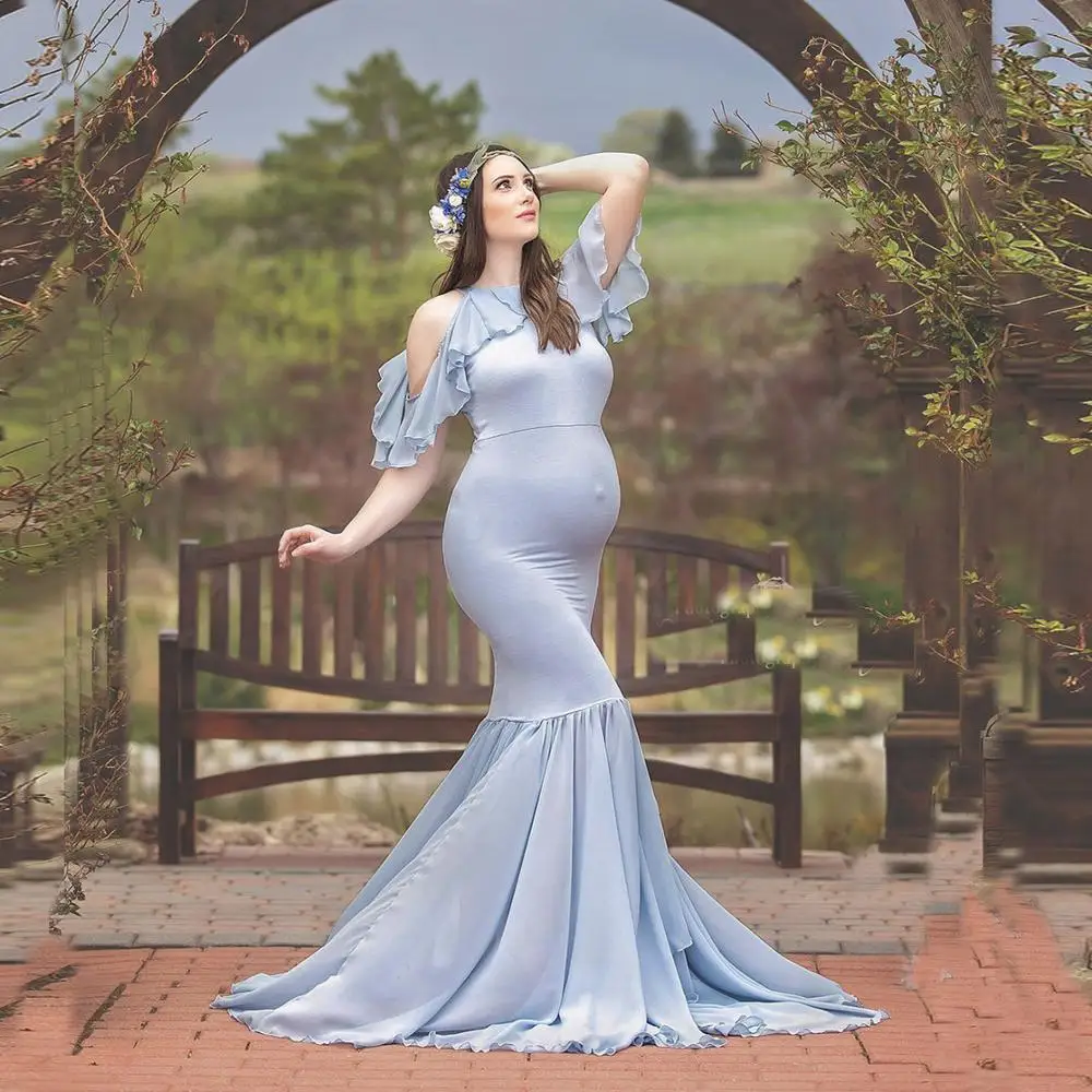 Платье для беременных с оборками и открытыми плечами длинное платье фотосъемки