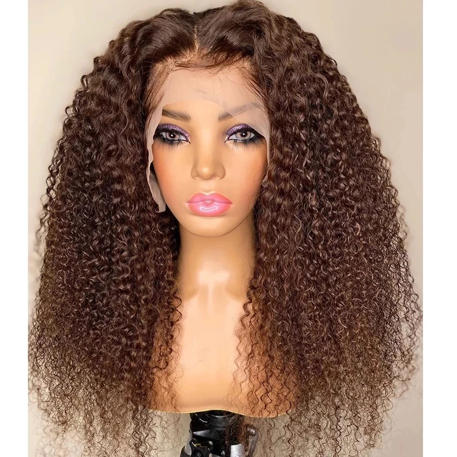 

Malaysia Kinky Curly Dark Chocolate Brown 13x6 Transparent Lace Human Hair Wig Bleached Knots Glueless 360 Frontal Full lace U P