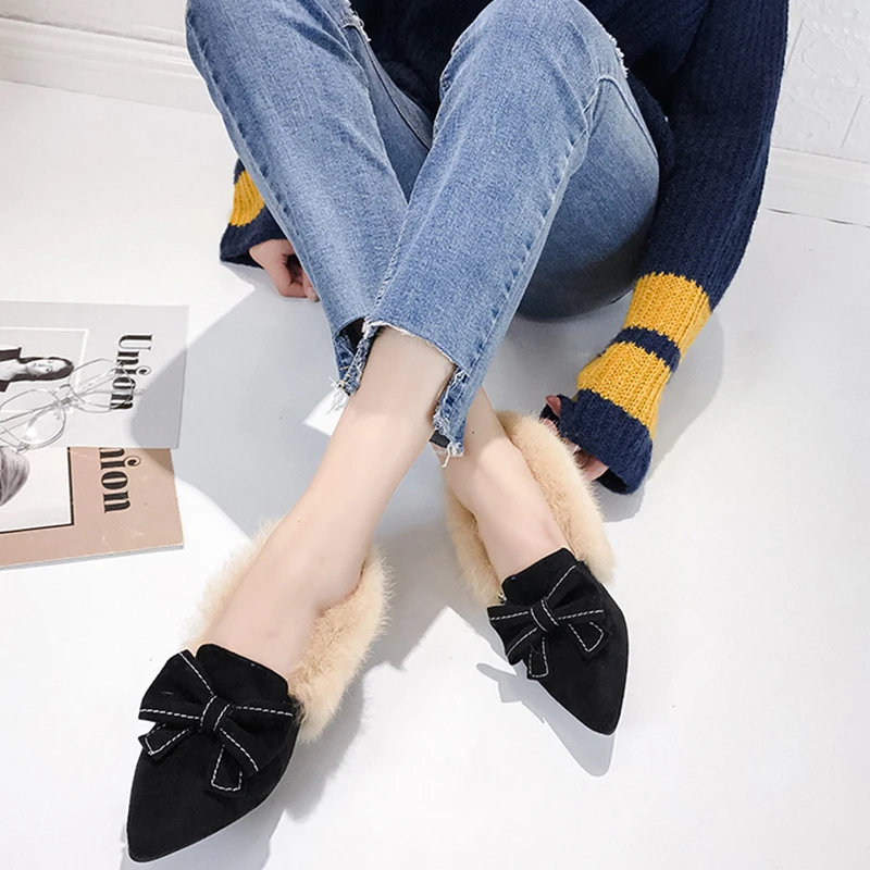

Women Shoes Personality Butterfly-knot Lovely Fur Pumps Pointed Girl Shoes Convenient Slip-no 2020 Comfortable Ladies Shoes