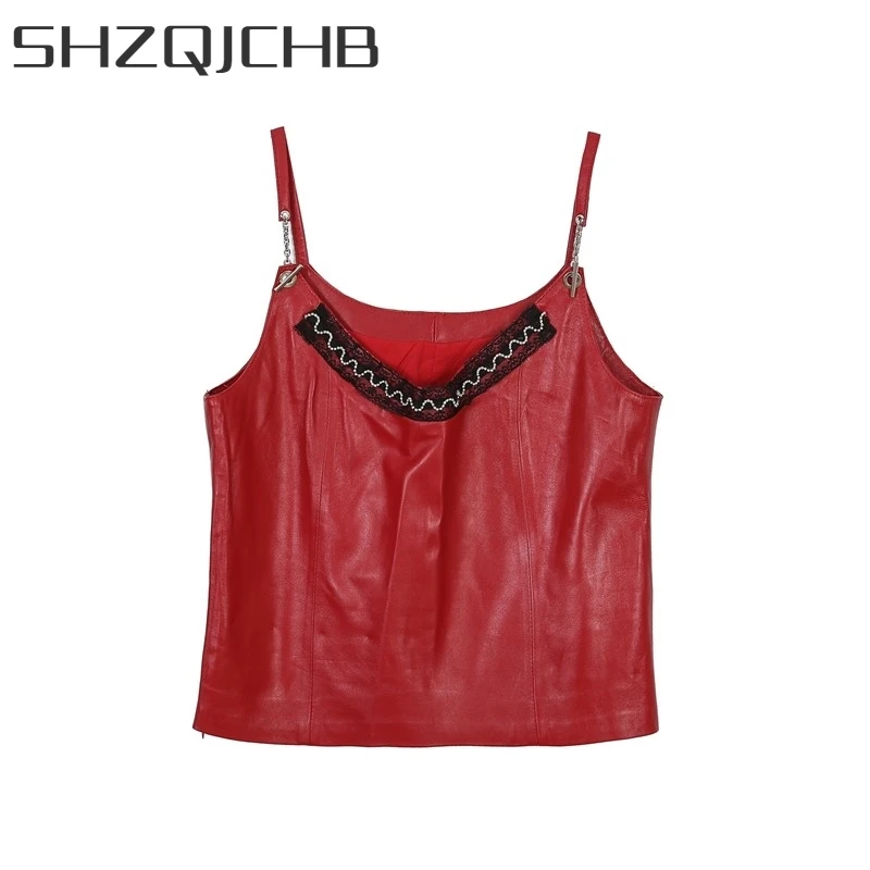 

JCHB 2021 Ladies Low Cut Chain Straps Natural Sheepskin Vest Top Short Genuine Leather Waistcoat Women Casual Outwear Vests Chal
