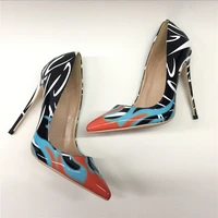 keshangjia brand fashion new pointed black high heeled exquisite printing shoes 12cm high heeled ladies party shoes