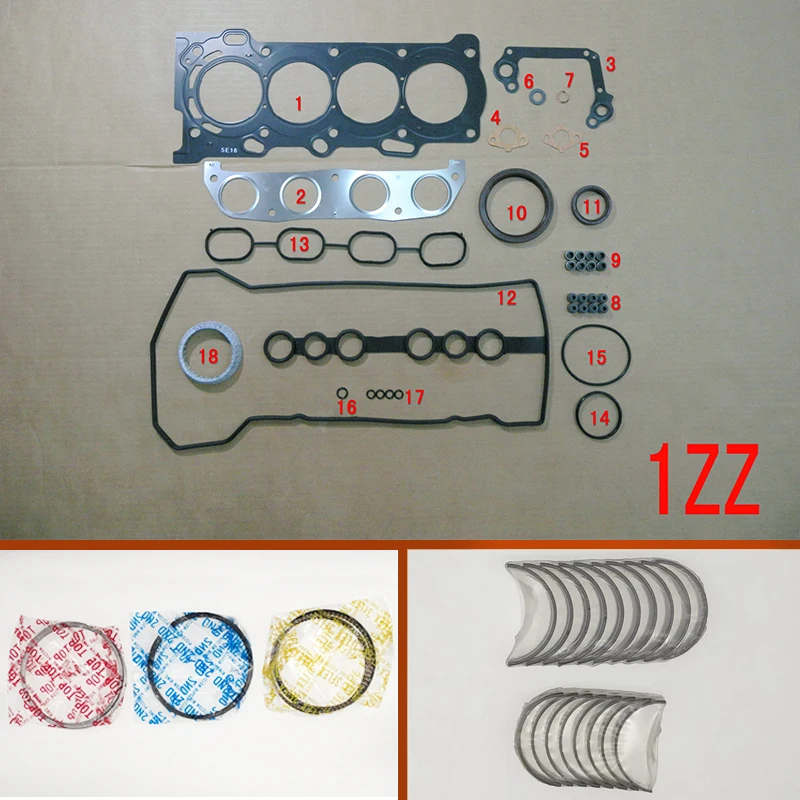 

1zz 1zzfe Engine Full gasket set kit piston ring crankshaft rod bearing for Toyota Altis/Matrix/Corolla/AVENSIS/Rav4 MR2 1.8L