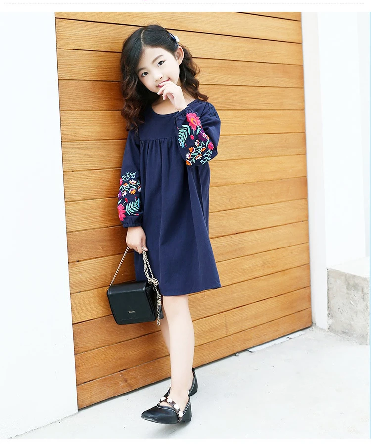 

Girls cute embroidered long sleeves dress 2021 autumn new large children's cotton lantern sleeve doll dresses kids clothes
